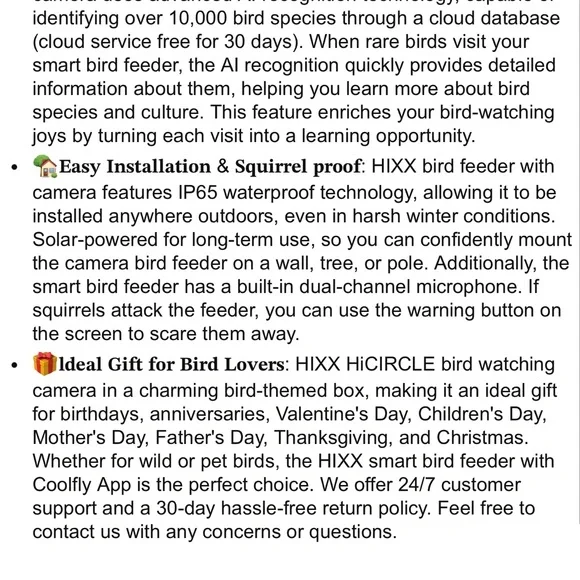 HIXX® Bird Feeder w/ Camera Solar Power Live Bird Watching Camera w/ AI Identify - Picture 13 of 13